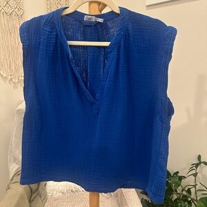 Faherty Blue Organic Cotton Sleeveless V-Neck Blouse Size M